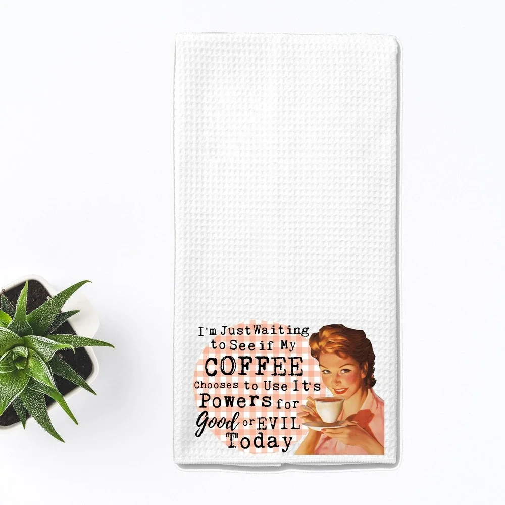 Funny Retro Coffee Powers Good or Evil Waffle Weave Kitchen Towel White